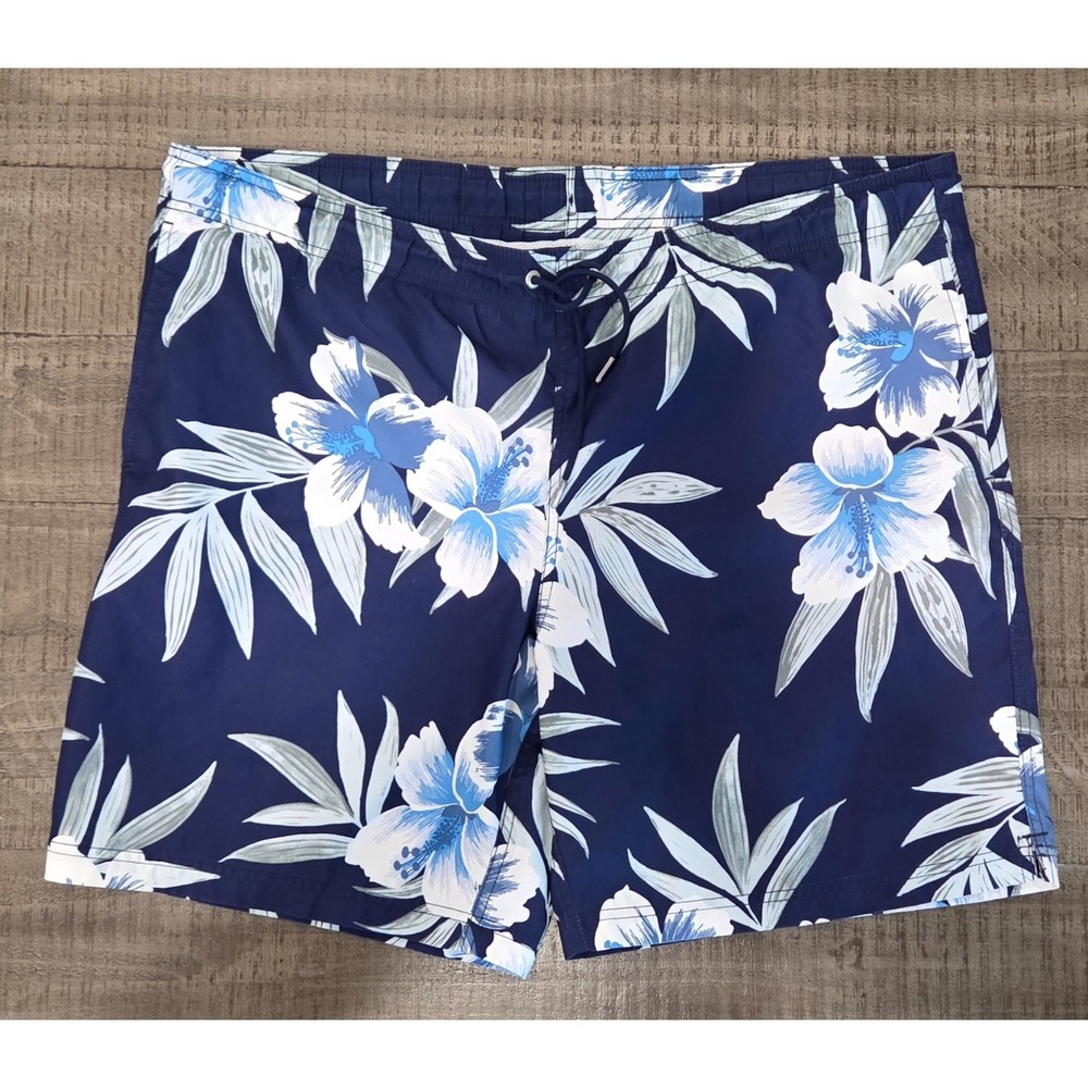 Mens Lands' End Blue & White Floral Swim Trunks Size Large